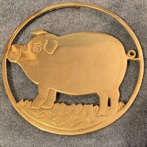 VTG 1950's Solid Brass Pig-Round Footed Trivet/Plant Stand/Wall Decor-7.25"-GUC